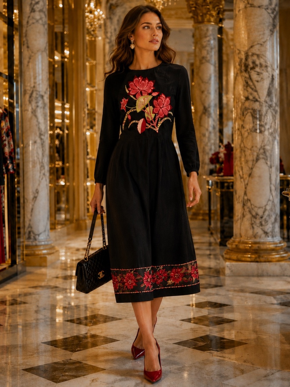 Rashul Mishra Black Dress with Red Floral Embroidery Long Sleeve Dress